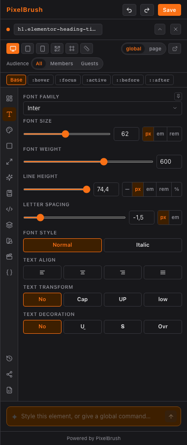 Typography controls panel